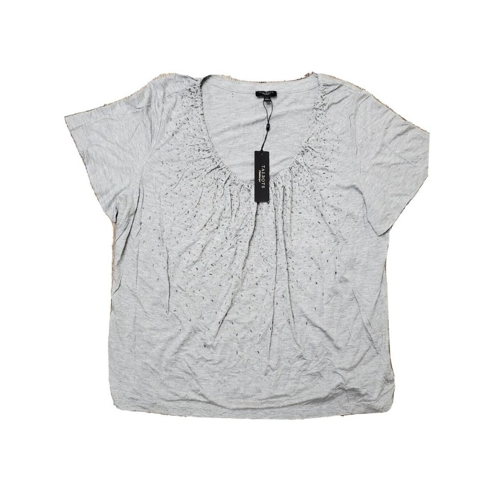 NEW Talbots Women's SZ 1X Gray Flowy Top w/Beading Elastic Round Neck SS NWT
